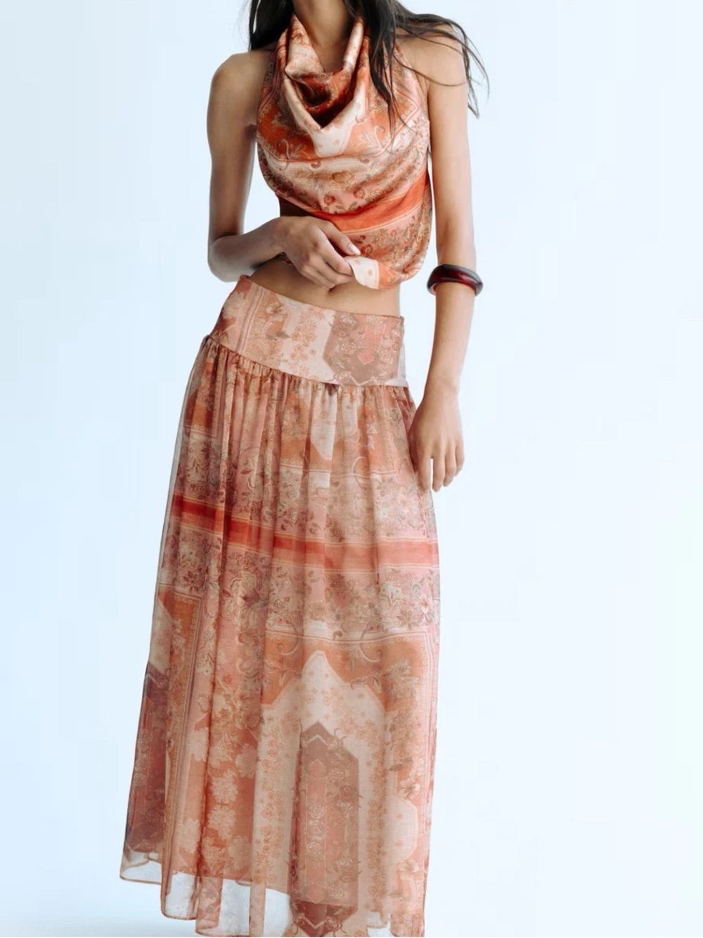 H&M Floral Paisley Boho Maxi Skirt Pink Orange Sheer Lined Size 6 ❤️